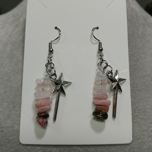 Wand Earrings Natural Gemstone Rose Quartz Rhodonite Pink Opal Crystal Chip Bead - Picture 3 of 10